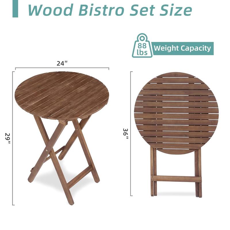 Farmhouse 3-Piece Acacia Bistro Set, Foldable Wood Patio Furniture with Coffee Table & Chairs, Space-Saving Set