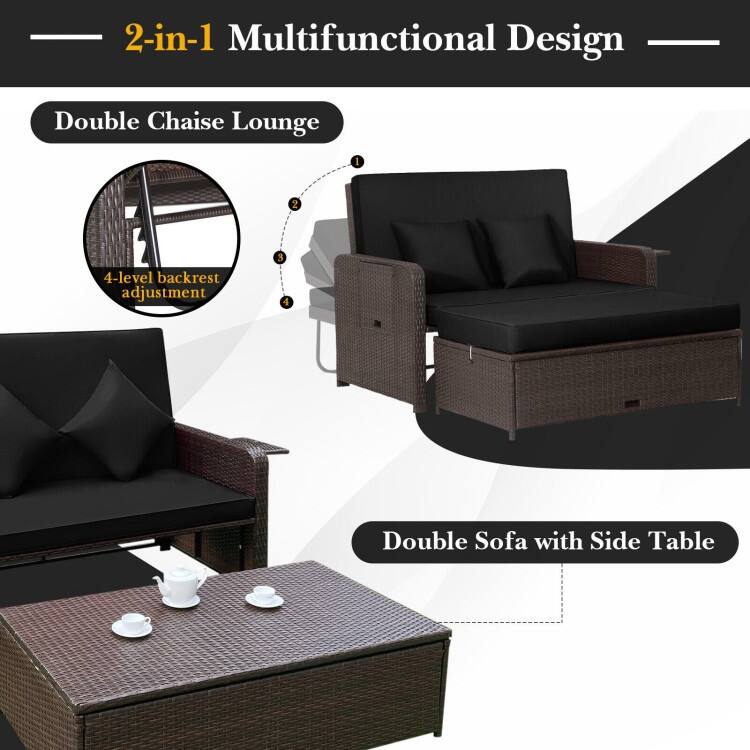 Patio Rattan Daybed with 4-Level Adjustable Backrest and Retractable Side Tray - 31" x 67" x 36"