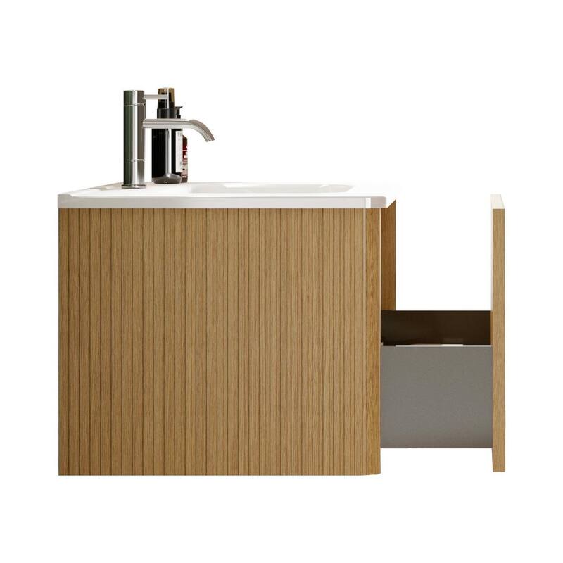 24 Inch Striped Walnut Bathroom Vanity with White Ceramic Sink,Wall Mounted Floating Bathroom Vanity for Modern Bathroom