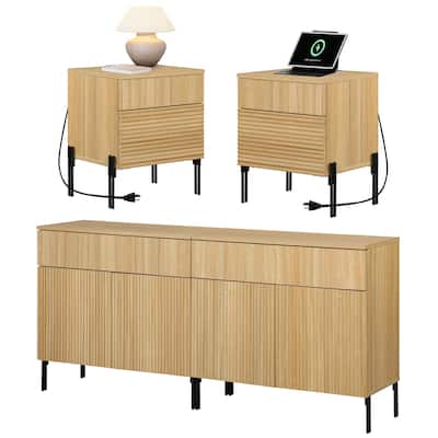 4 Pcs Bedroom Set，Wooden Dresser and Nightstand Sets, Reeded Dresserwith Doors, Night Stand of 2 with Charging