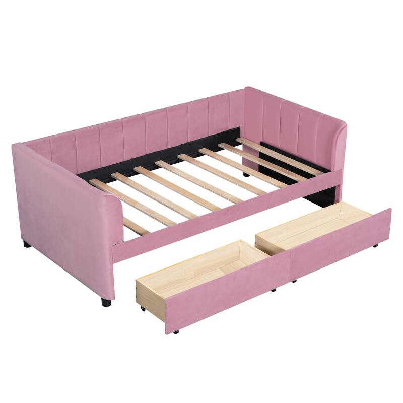 Twin Size Daybed Velvet Upholstered Sofa Bed with Trundle, Wood Platform Slat Support Bed Frame, Striped Tufted Backrest