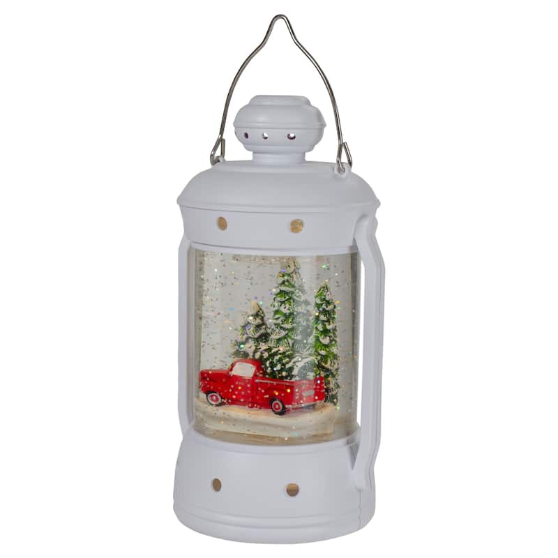9" White Lantern Christmas Snow Globe with Red Truck and Trees