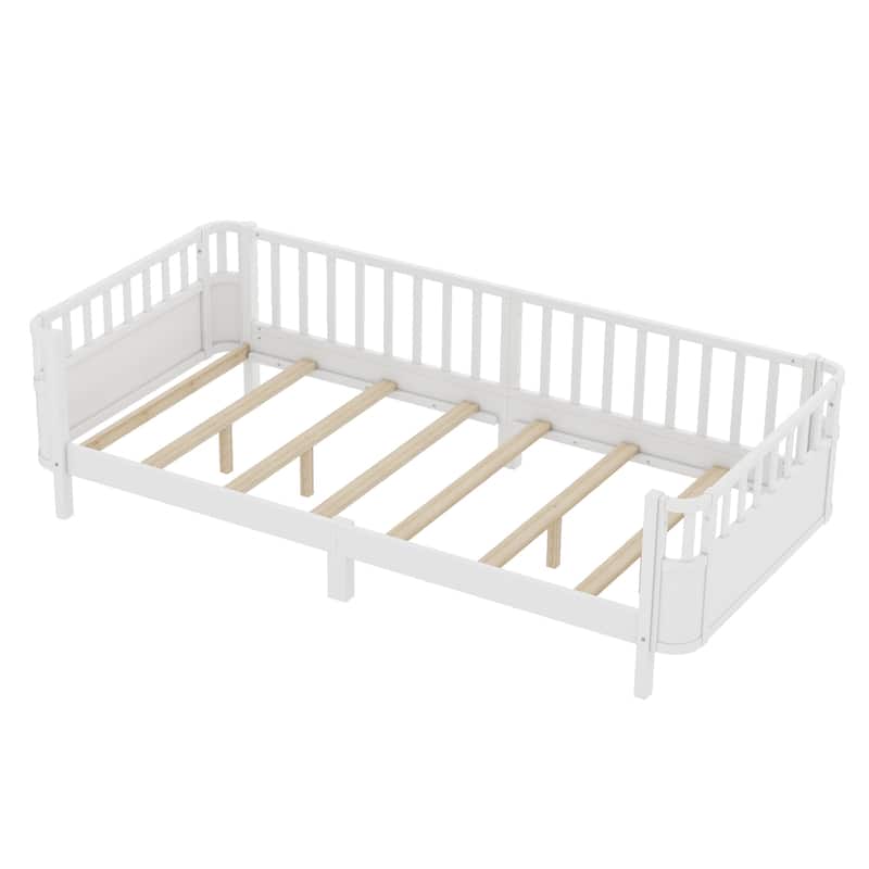 Multi Size Low Platform Bed for Kids with Rounded Corners Guardrails, Detachable Right-side Fence and Open Left-side Design