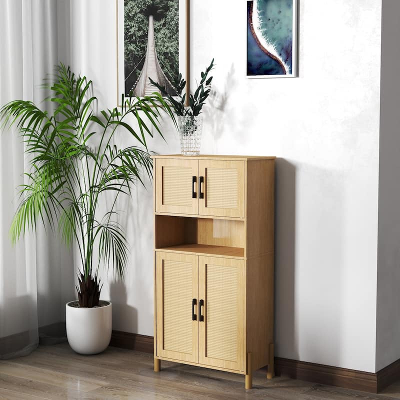 Stylish Mid-Century Storage Cabinet‌ - 4 Woven Rattan Doors & Customizable Shelves for Living or Dining Room