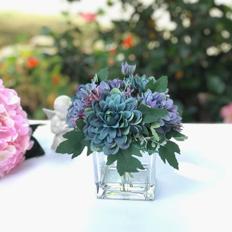 Enova Home Artificial Daisy and Mixed Fake Silk Flowers Arrangement in Clear Glass Vase with Acrylic Water for Home Office Decor
