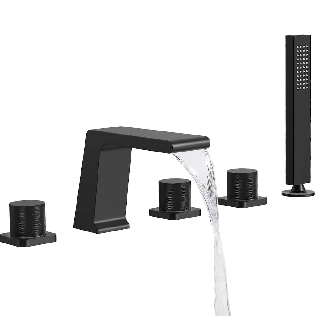 GRANDJOY Deck Mount Bathtub Spout and Handheld Shower Head Combo 5 Hole Design High Pressure
