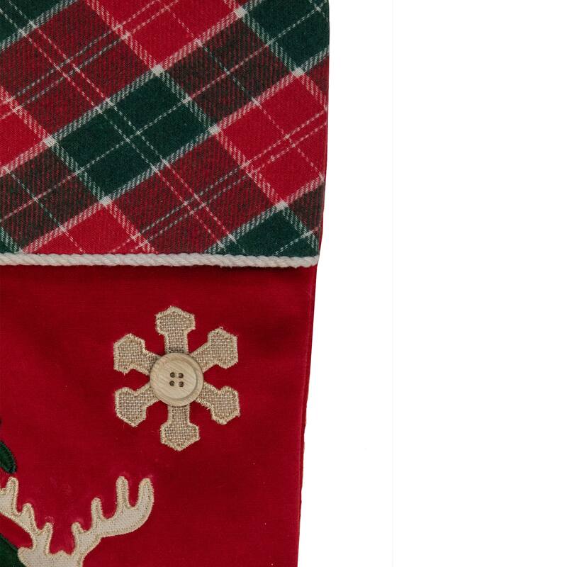 20.5-Inch Red Green Plaid Christmas Stocking with a Pine Tree Moose