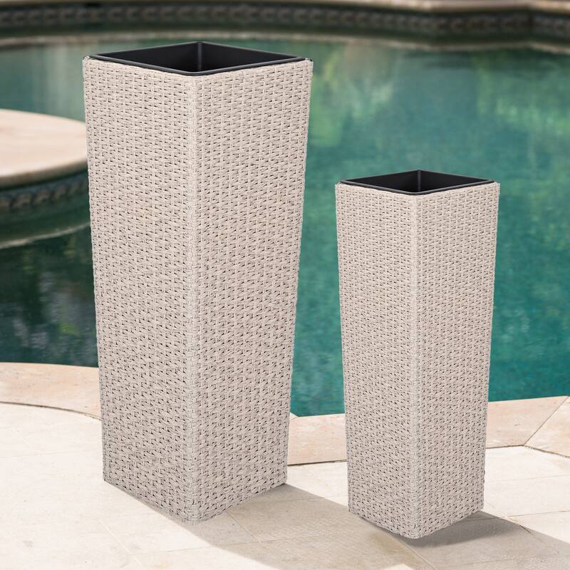 Outdoor Wicker Flower Pots 2-Pcs Set, Square Planter Box
