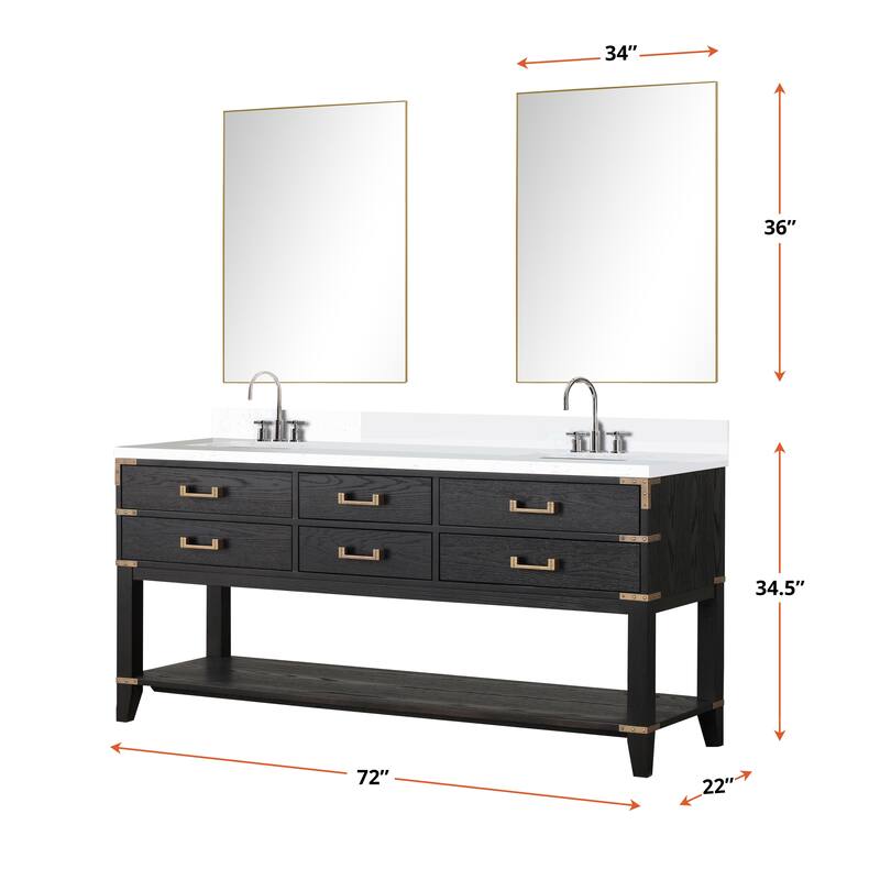 Norwalk 60 in W x 22 in D Black Oak Double Bath Vanity, Cultured Marble Top, Faucet Set, and 28 in Mirrors