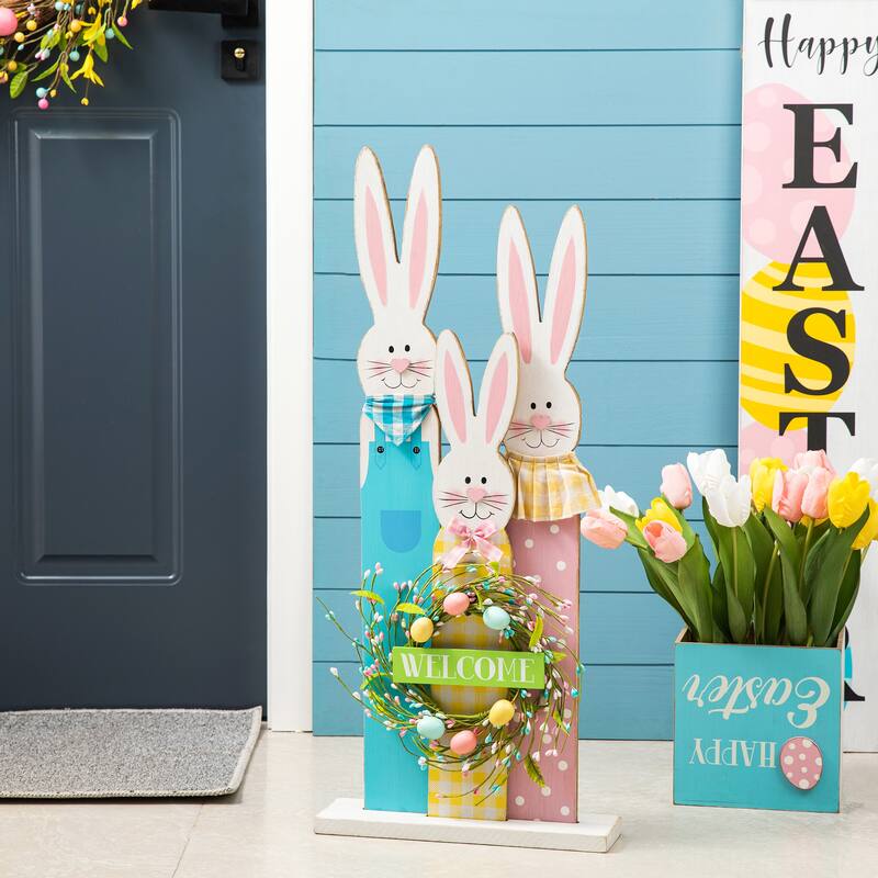 Glitzhome Easter Wooden Bunny Family Standing Decor Porch Sign with Wreath Welcome Wall Decor Party Supplies Props - 30"H Bunny Family
