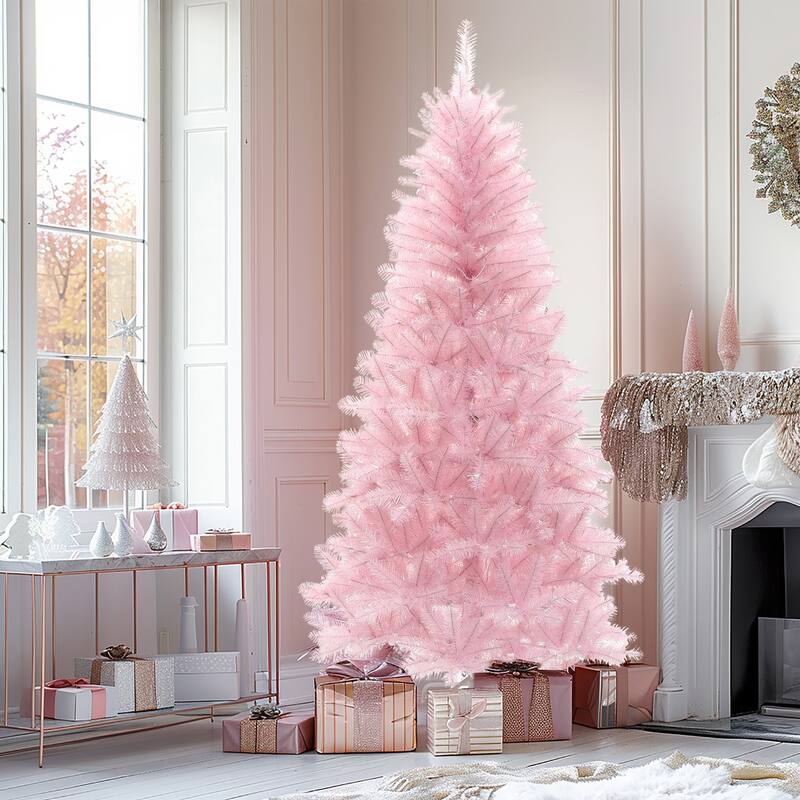 6.5Ft Pre-Lit Pink Hinged Full Artificial Christmas Tree - 78" H x 41.7" Diameter