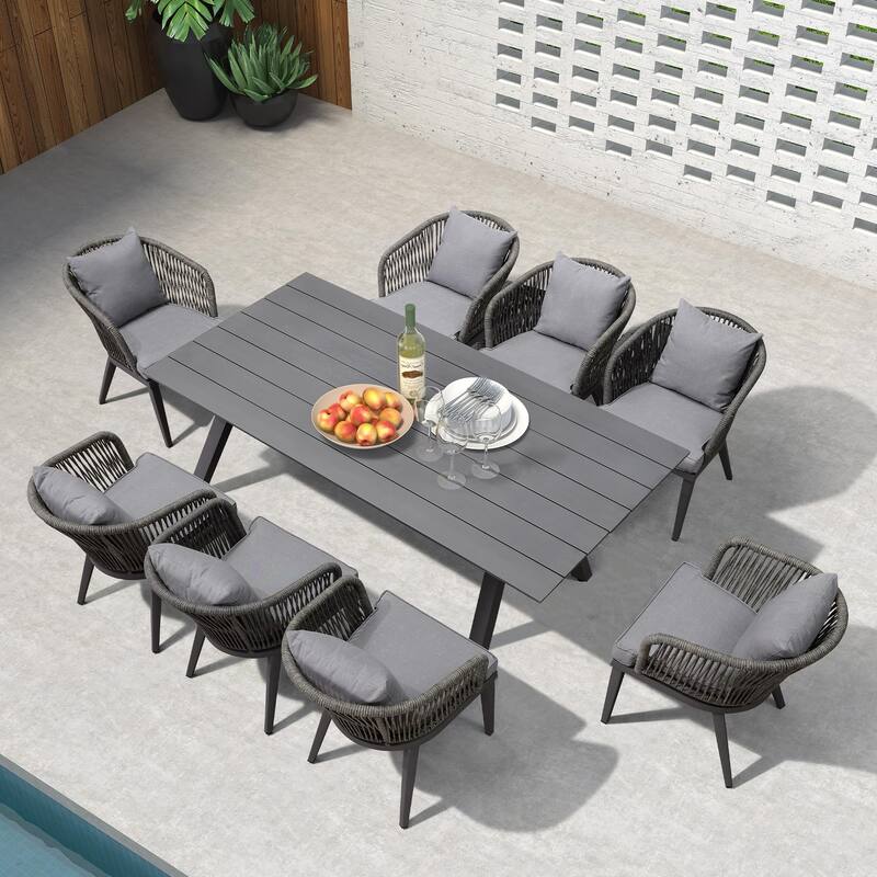 PURPLE LEAF 7-11 Patio Dining Set, Aluminum Frame Table, Wicker Chairs - Grey  (9 Pcs Rectangular Grey Table)