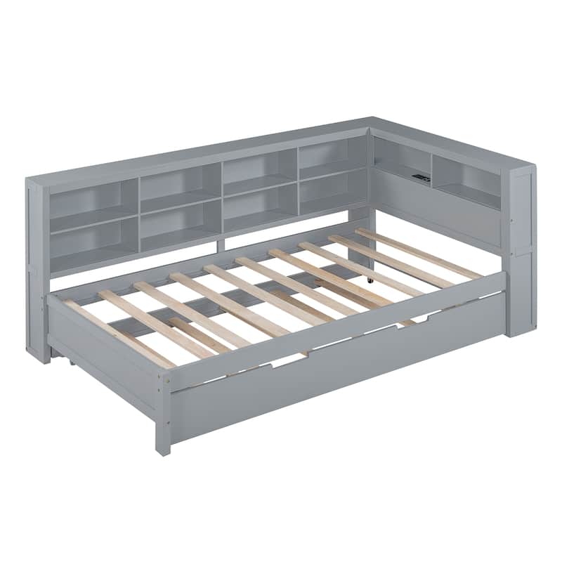 Wooden DayBed Sofa Bed Frame with L-Shape Storage Headboard, Platform Bed Pull-out Trundle Bed, USB Charging Ports