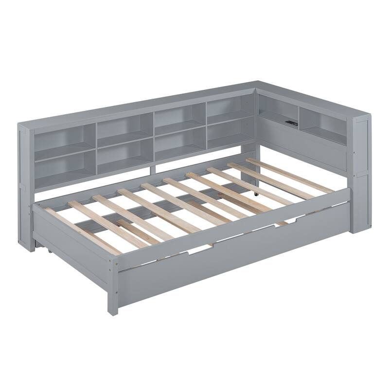 Wooden Twin/Full Daybed with Pull-Out Trundle, Storage Shelf, and USB Charging Station for Modern Bedroom