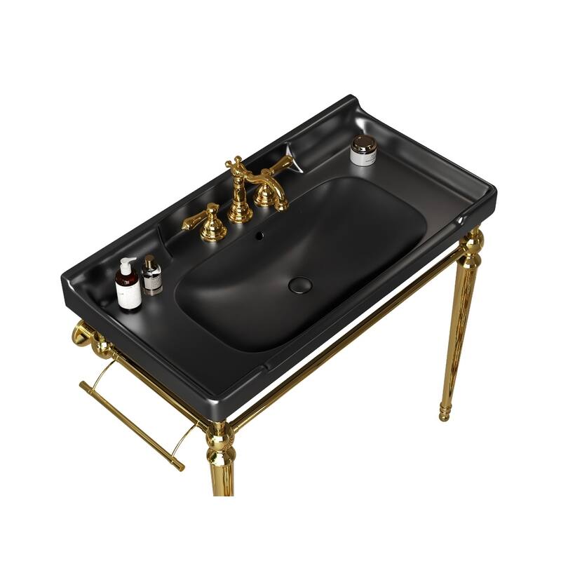 GDFStudio - Vici 36" Bathroom Ceramic Basin with 3 Pre-Drilled Holes, WITHOUT Cabinet and Faucet, Black