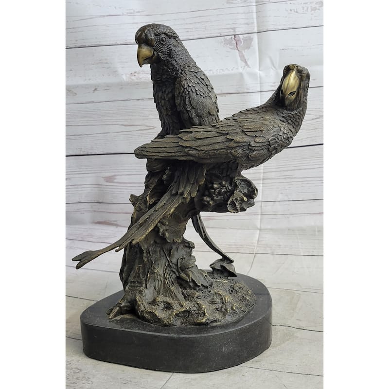 Pair Of Parrots Birds Bronze Sculpture Statue Figure On Marble Base Signed Milo