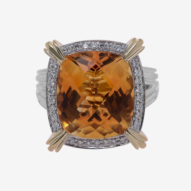 Charles Krypell Sterling Silver and 14K White Gold, Citrine and Diamond Statement Ring Sz. 6.75