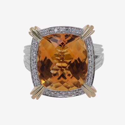 Charles Krypell Sterling Silver and 14K White Gold, Citrine and Diamond Statement Ring Sz. 6.75