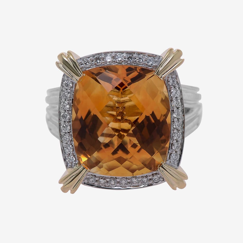 Charles Krypell Sterling Silver and 14K White Gold, Citrine and Diamond Statement Ring Sz. 6.75