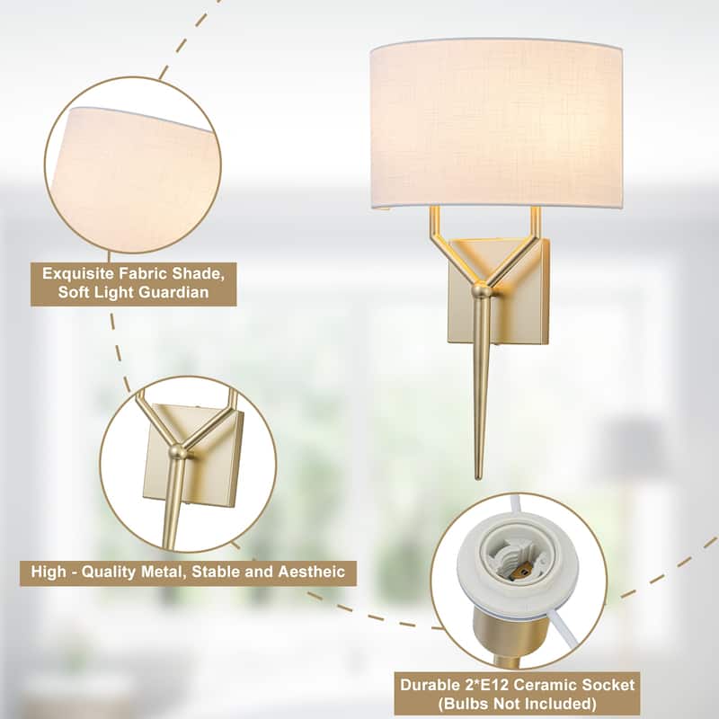 2-Light Y-Shaped Metal Frame Wall Sconce Half-Round Open Fabric Shade