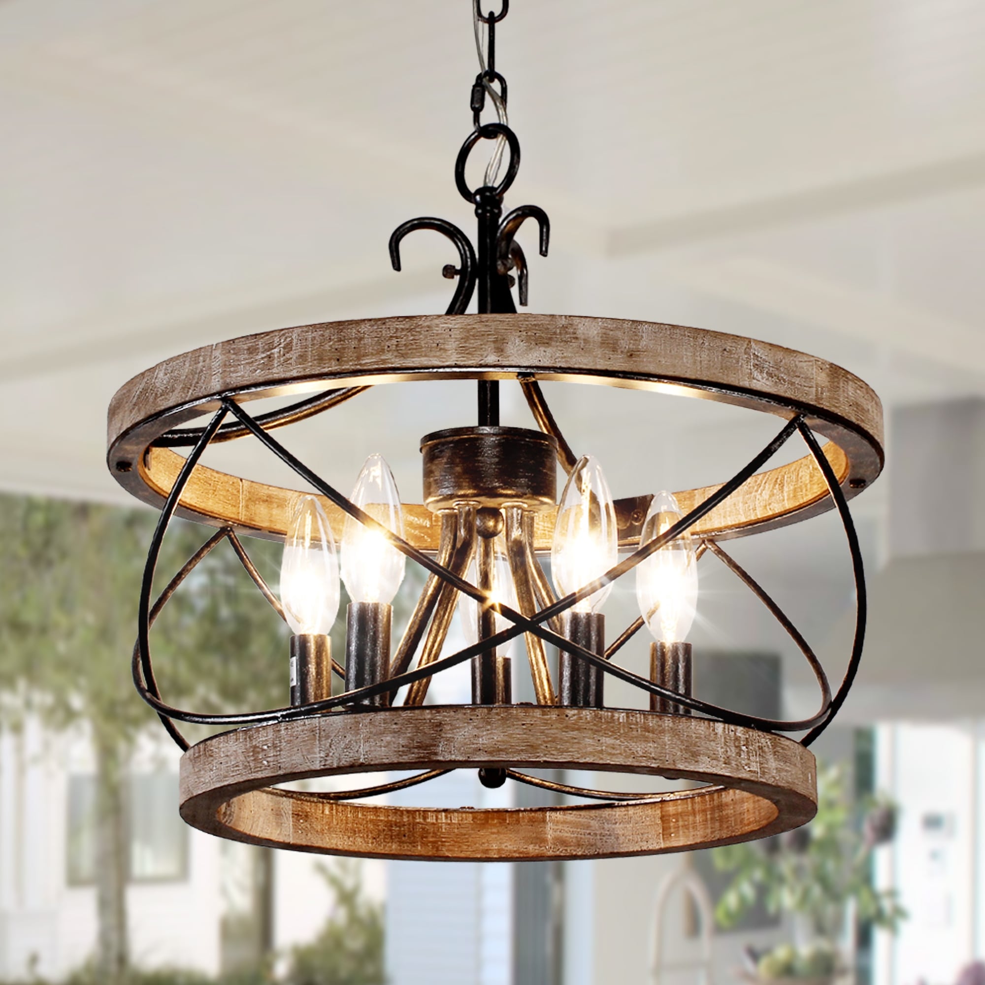 Bella Depot 13"/15.7"/19.7" Rustic Cage Wood Chandelier Dimmable Lighting Farmhouse Adjustable Pendant Light for Kitchen Island