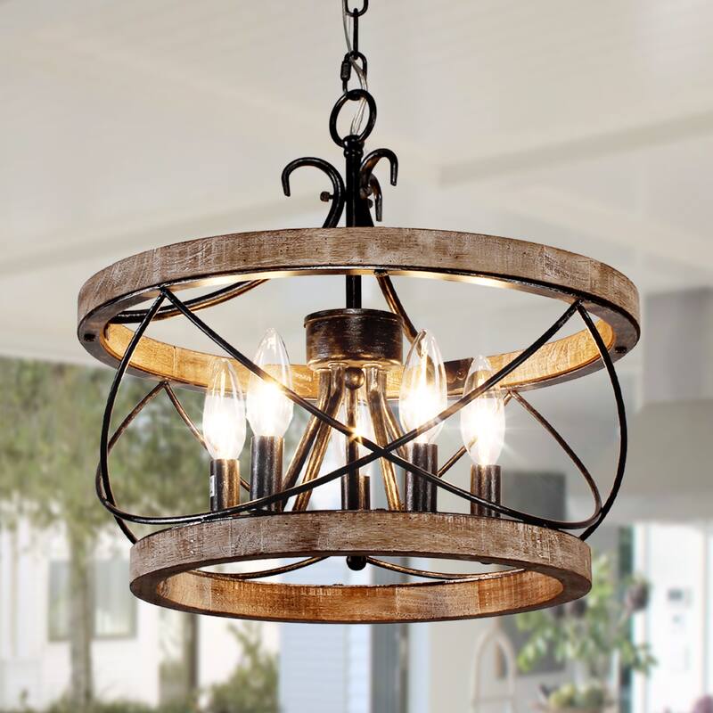Bella Depot 5-Light Rustic Cage Wood Chandelier Dimmable Lighting, Adjustable Farmhouse Pendant Light for Small Room - 15.7"x15.7" - Distressed Wood