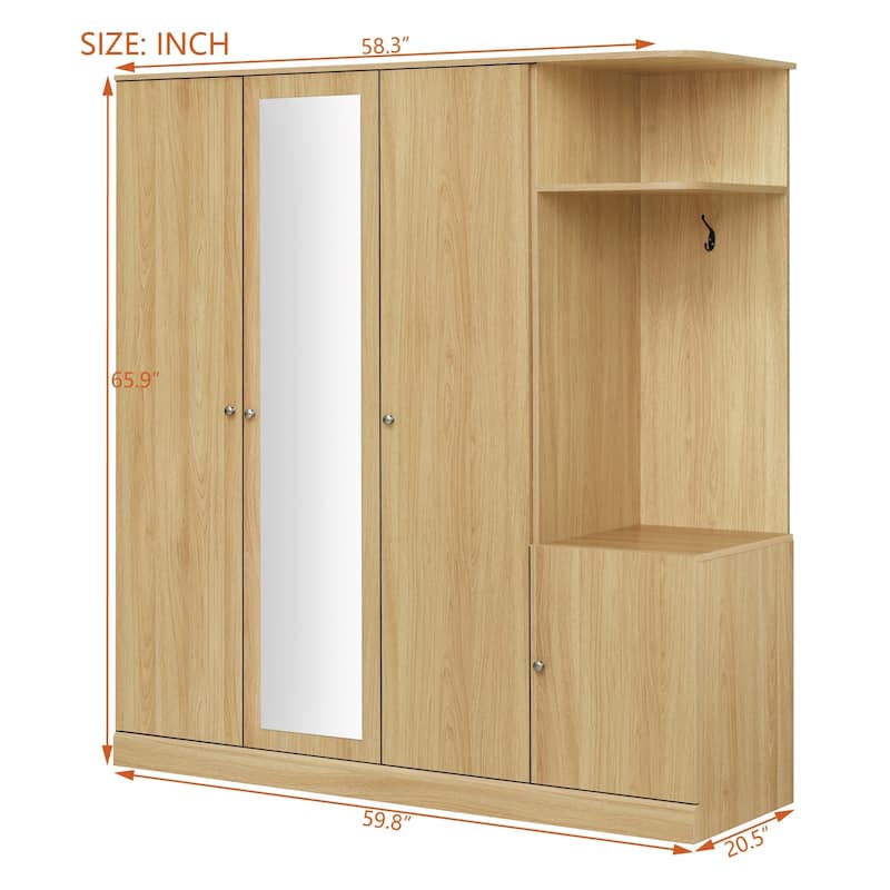 Modern Freestanding Wardrobe Closet With Storage Shelves and Full-Length Mirror