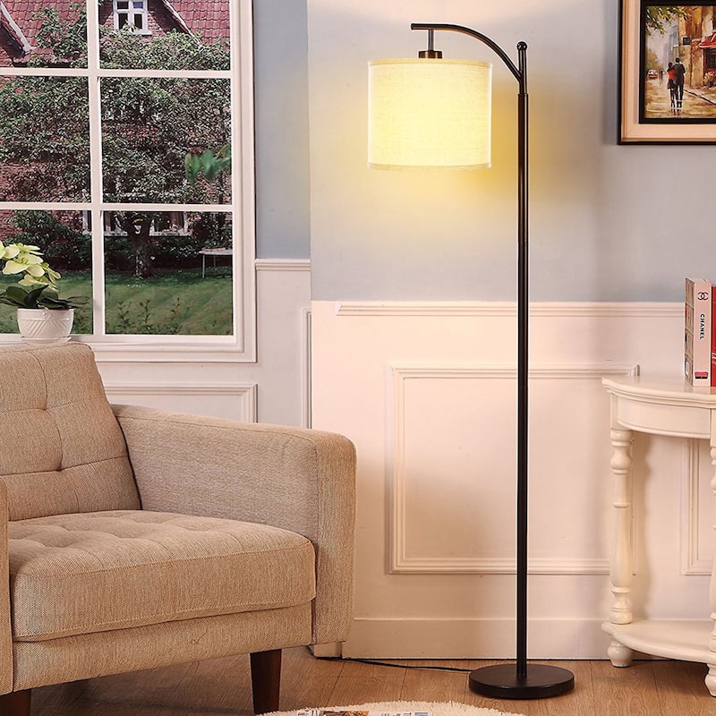 Brightech Montage 62 in. Mid-Century Modern LED Super Bright Floor Lamp with Beige Fabric Drum Shade