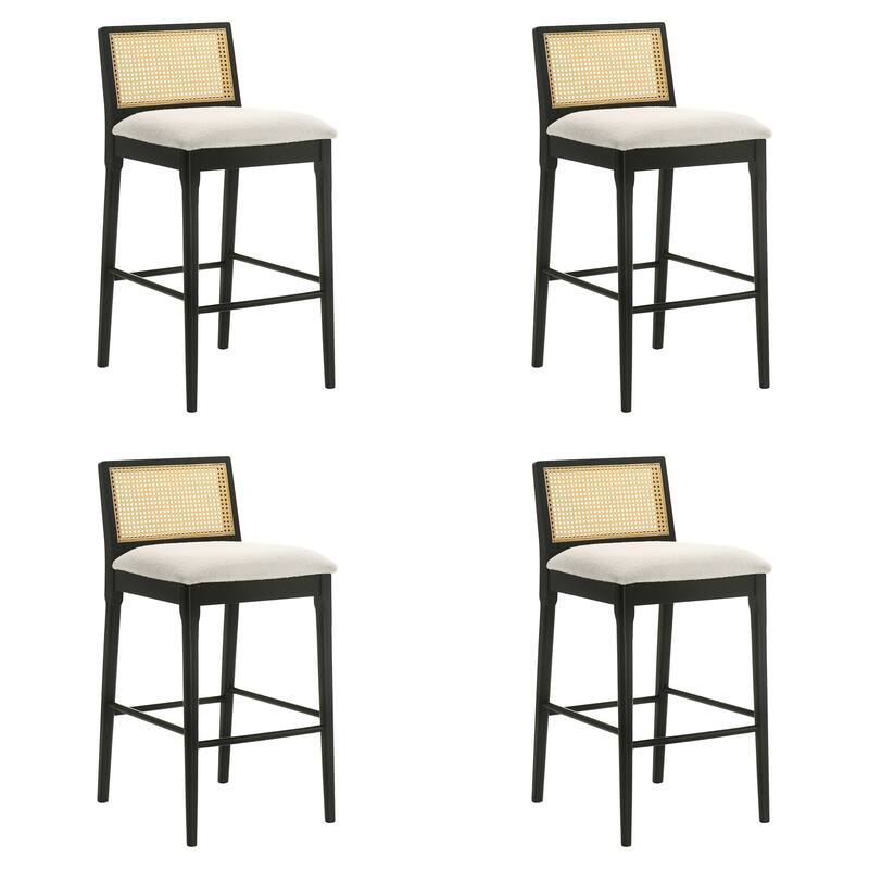 Tobias Rattan and Wood Bar Stool, Counter Height Kitchen Stool with White Boucle Fabric Upholstered Seat - Set of 4 - Black - Bar Height