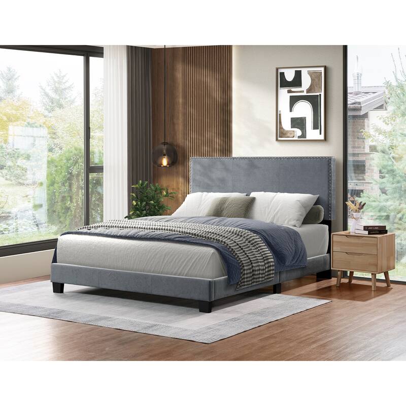 Full/Queen Size Platform Bed Frame, Bedroom Upholstered Bed with Nailhead Trim Headboard, No Box Spring Needed