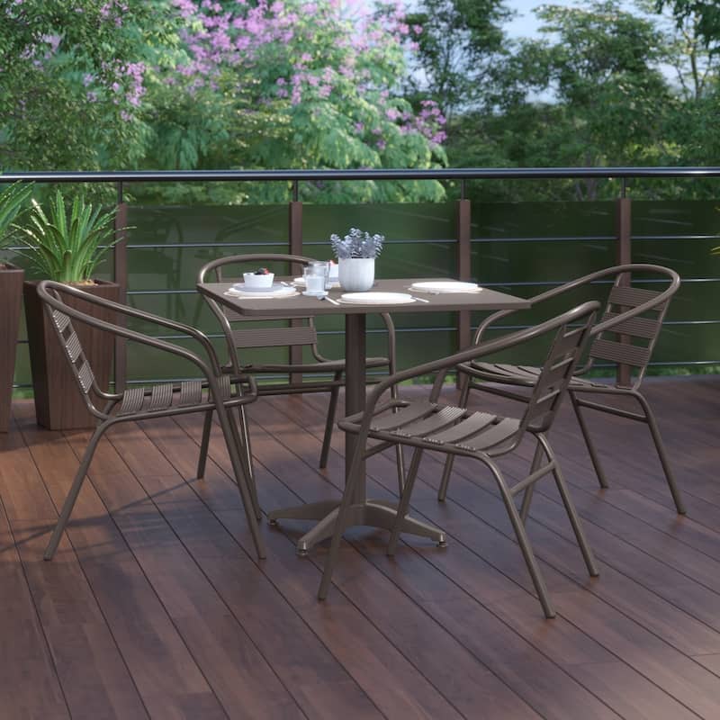 31.5" Square Aluminum Indoor-Outdoor Table Set with 4 Slat Back Chairs