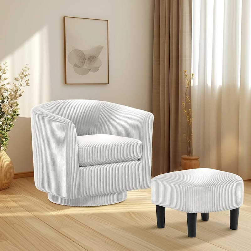 360° Swivel Accent Chair with Ottoman, Barrel Chair with Upholstered - White
