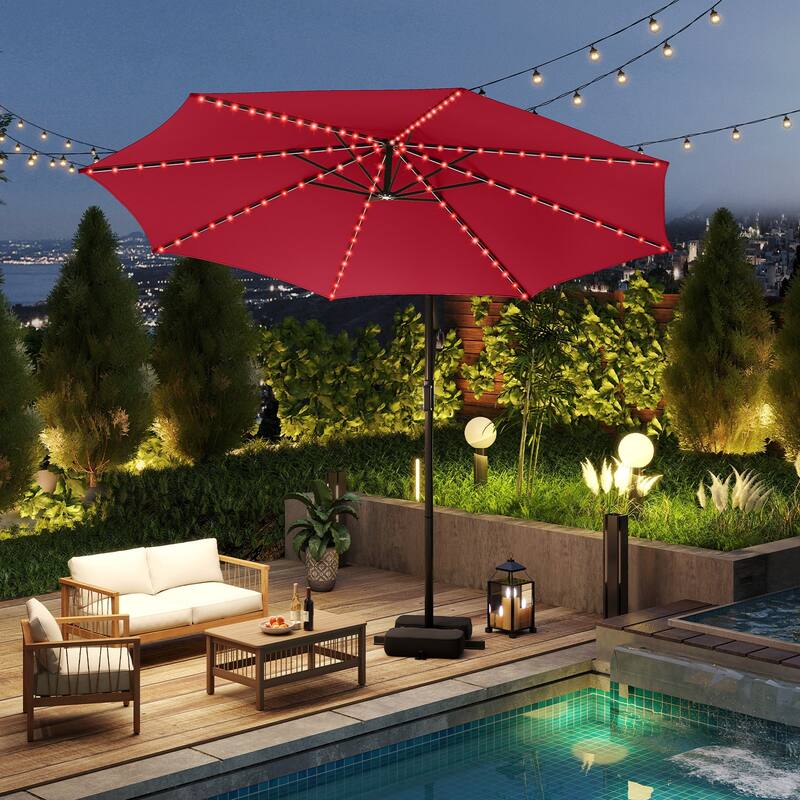 Costway 10 FT Solar Offset Hanging Umbrella with Base Patio Cantilever