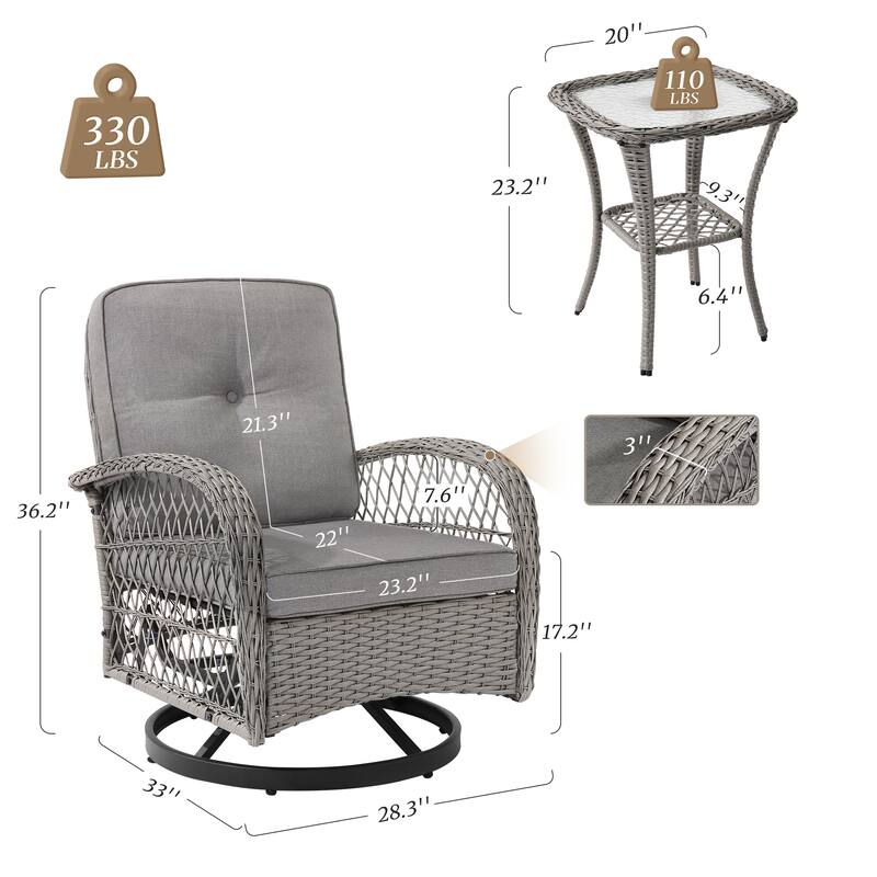 COZYMAN Outdoor Patio 3-Piece Wicker Conversation Set Swivel Rocking Chat Chairs