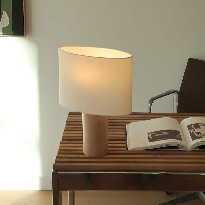 Brightech Mia 15.55 in. Polished Natural Wood Midcentury LED Standing Bedside Desk Table Lamp with Beige Cotton Drum Shade
