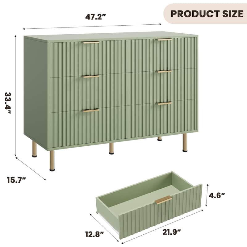6 Drawer Fluted Dresser for Bedroom, Wide Modern Chest of Drawers, Long Double Dresser