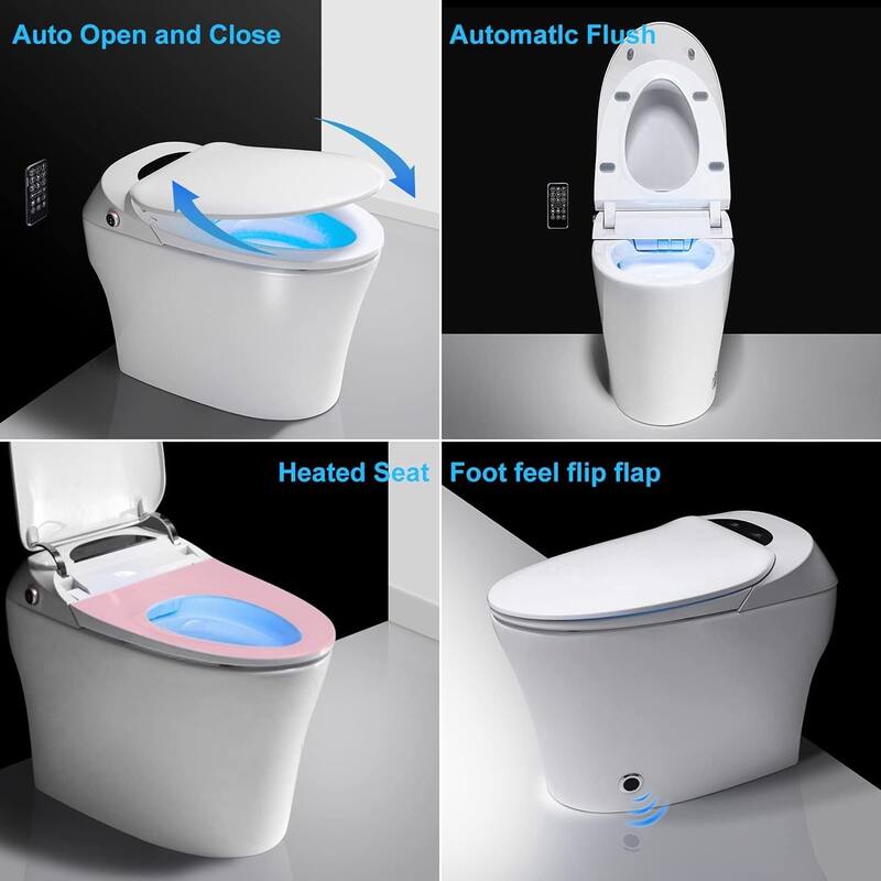 White Elongated Smart Toilet Bidet Tankless 1.27 GPF Foot Sensor Flushing, Warm Water and Dry, Remote Control