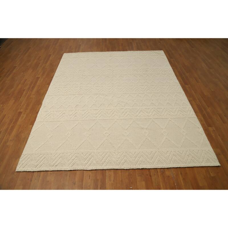 Hand Knotted Oriental 100% Wool Carpet Modern Geometric Beige & Ivories Modern Gotti Design Area Rug - 9' 10'' X 7' 10''