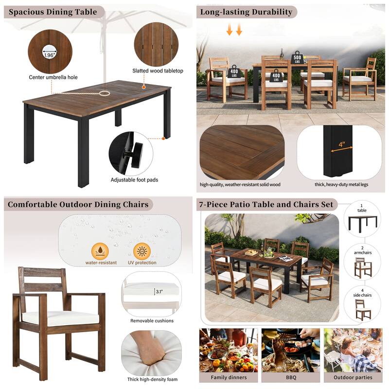 Wood Patio Dining Set with Table, 2 Armchairs & 4 Side Chairs, 7 Pcs