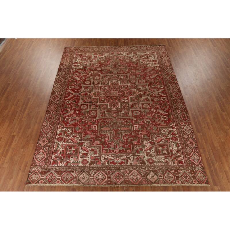 Red Geometric Heriz Persian Vintage Rug Handmade Oriental Wool Carpet - 9'10"x 13'3"