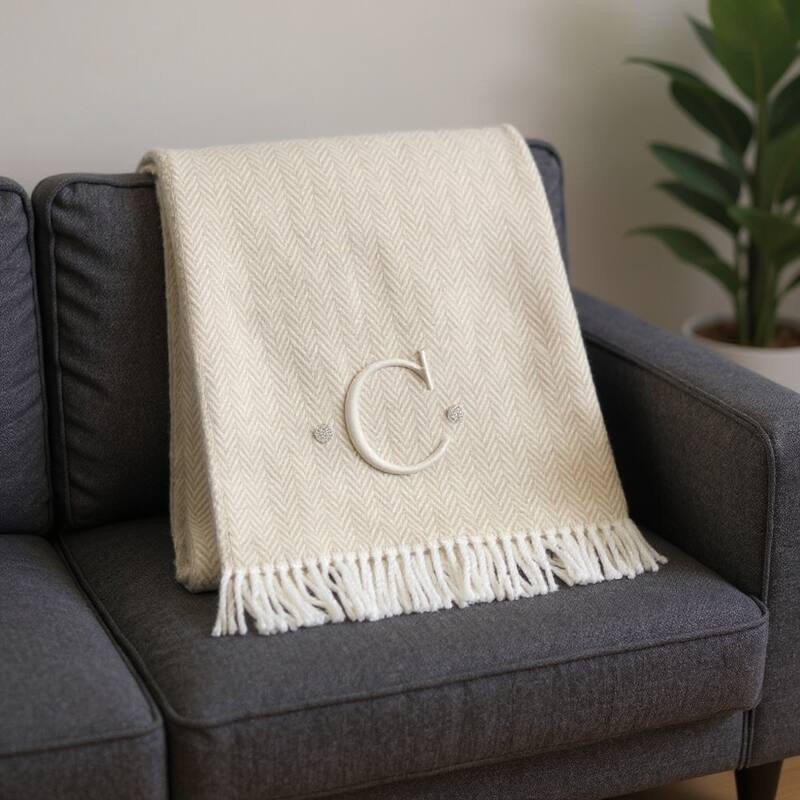 HomeRoots 55" X 70" Linen And White Herringbone Cotton Blend C Initial Throw Blanket with Tassels And Embroidery - Throw - Linen/White