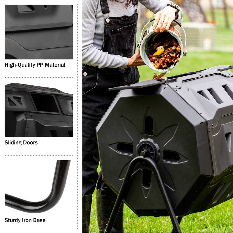Compost Tumbler - 43Gal Compost Bin with Dual Chambers, 360-Degree Rotating Design, and Garden Gloves Included by Pure Garden