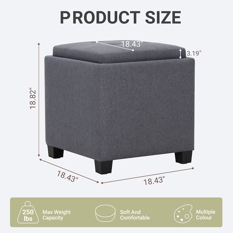RENEWLINE ​18" Square Storage Ottoman with Tray - 250LBS Weight Capacity, Leather Upholstered Footstool for Living Room