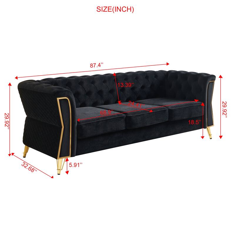 Mid-century Couch Velvet Upholstered Sofa with Button Tufted Backrest, Unique Armrest Design and Golden Metal Decor
