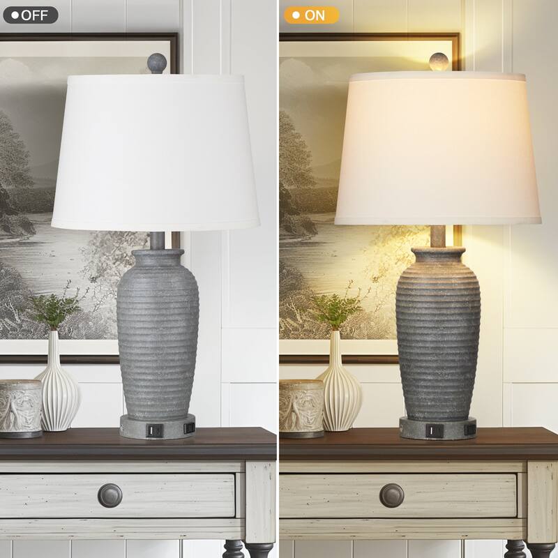 Grey Resin Pot-Vase Style Table Lamps (Set of 2) - 13'' x 13'' x 24.3'' (L x W x H)