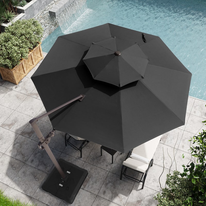 11 ft Outdoor Aluminum Dual Top Solar Powered LED Lighted Patio Cantilever Umbrella and Weighted Base