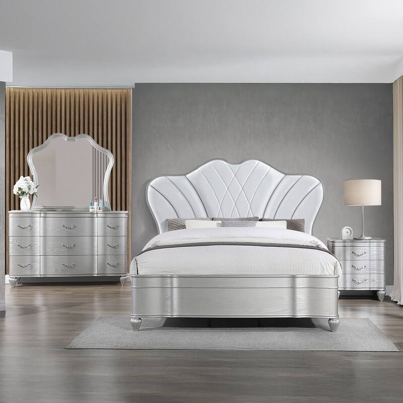 Eros King / Queen 4PC / 5PC Set including Upholstered Plush & Silver finishing collection - King - 4 Piece