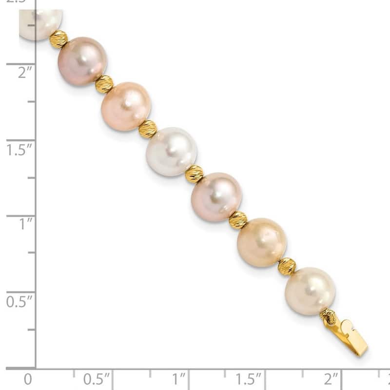 Curata 14k Yellow Gold 8 9mm Semi round Pink Purple White Fwc Pearl Sparkle Cut Beaded Bracelet 7.5 Inch