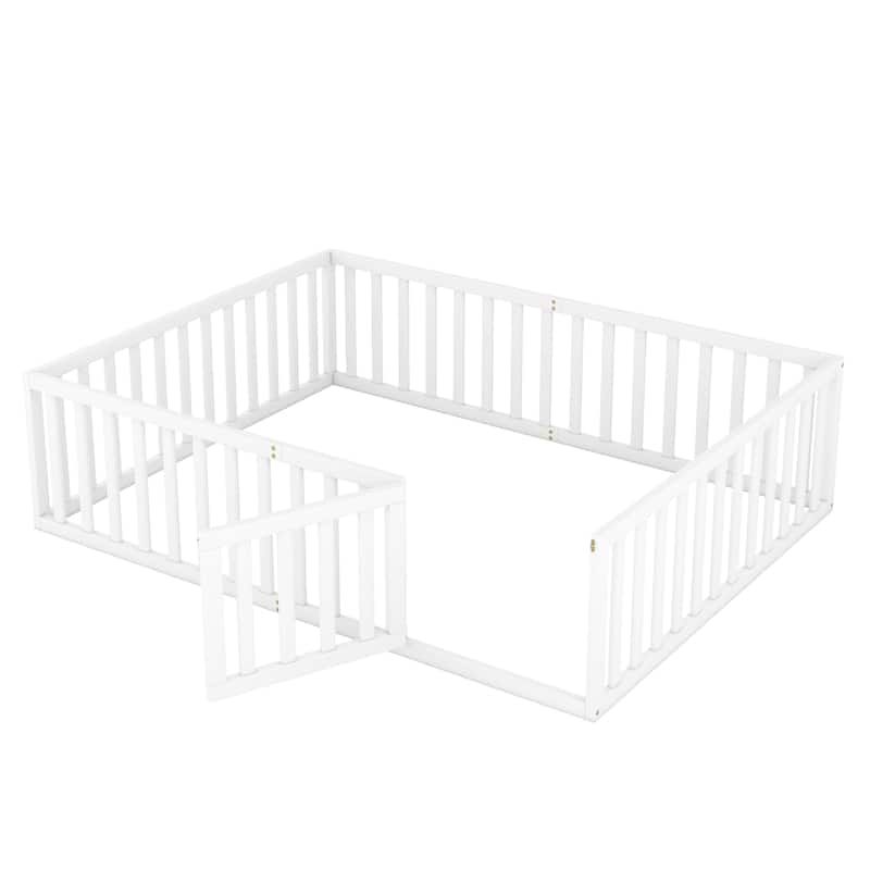 Queen Size Wood Floor Bed Frame with Fence and Door, Open Design