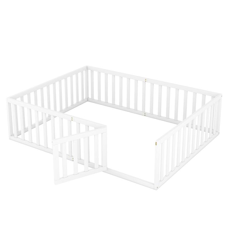 Queen Wooden Floor Bed for Kids, Montessori Bed Frame with Fence and